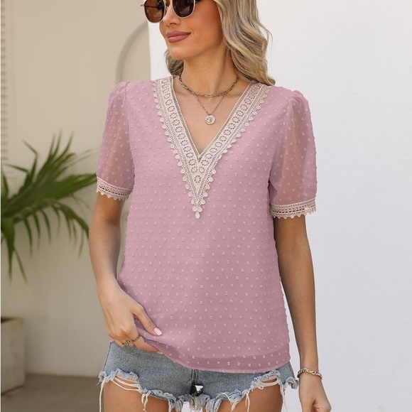 Zeagoo Swiss Dot Lace Trim Blouse Mauve Pink Size Small NWT - Picture 2 of 10